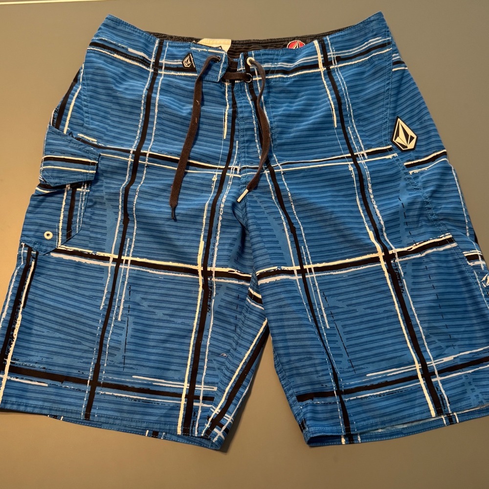 Volcom Mens Blue 4 Way Stretch Board Shorts Surf Swim Trunks Abstract Print